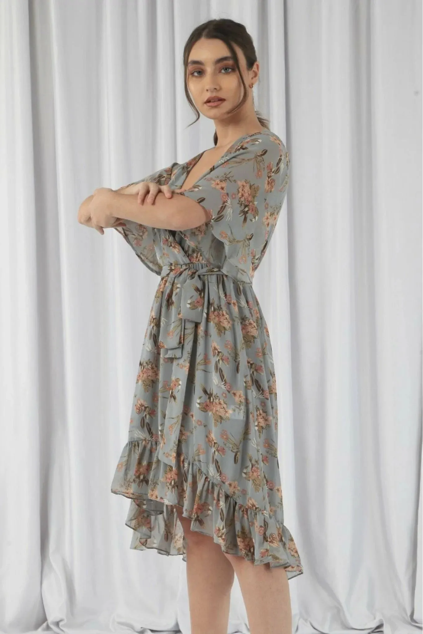 Double Second Print Dipped Back Wrap Dress