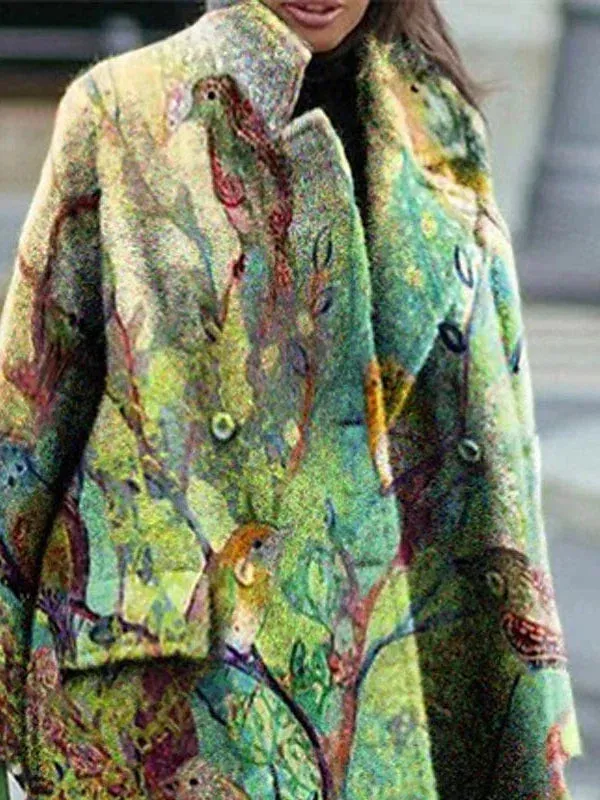 Elegant Floral Print Heated Winter Coat with Lapel