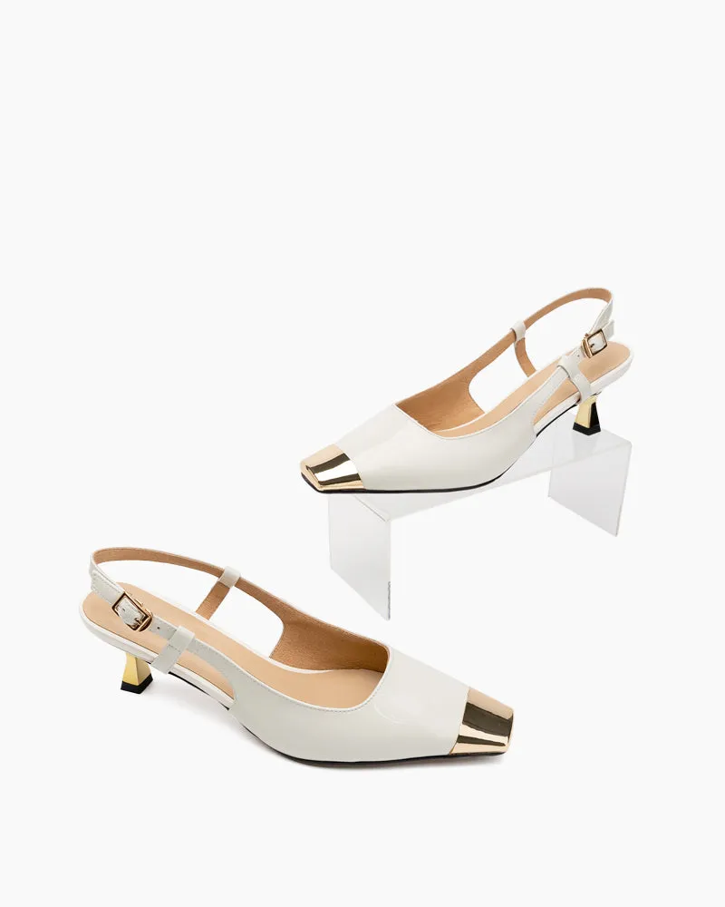 Elegant Metal Square Toe Kitten Heel Sandals