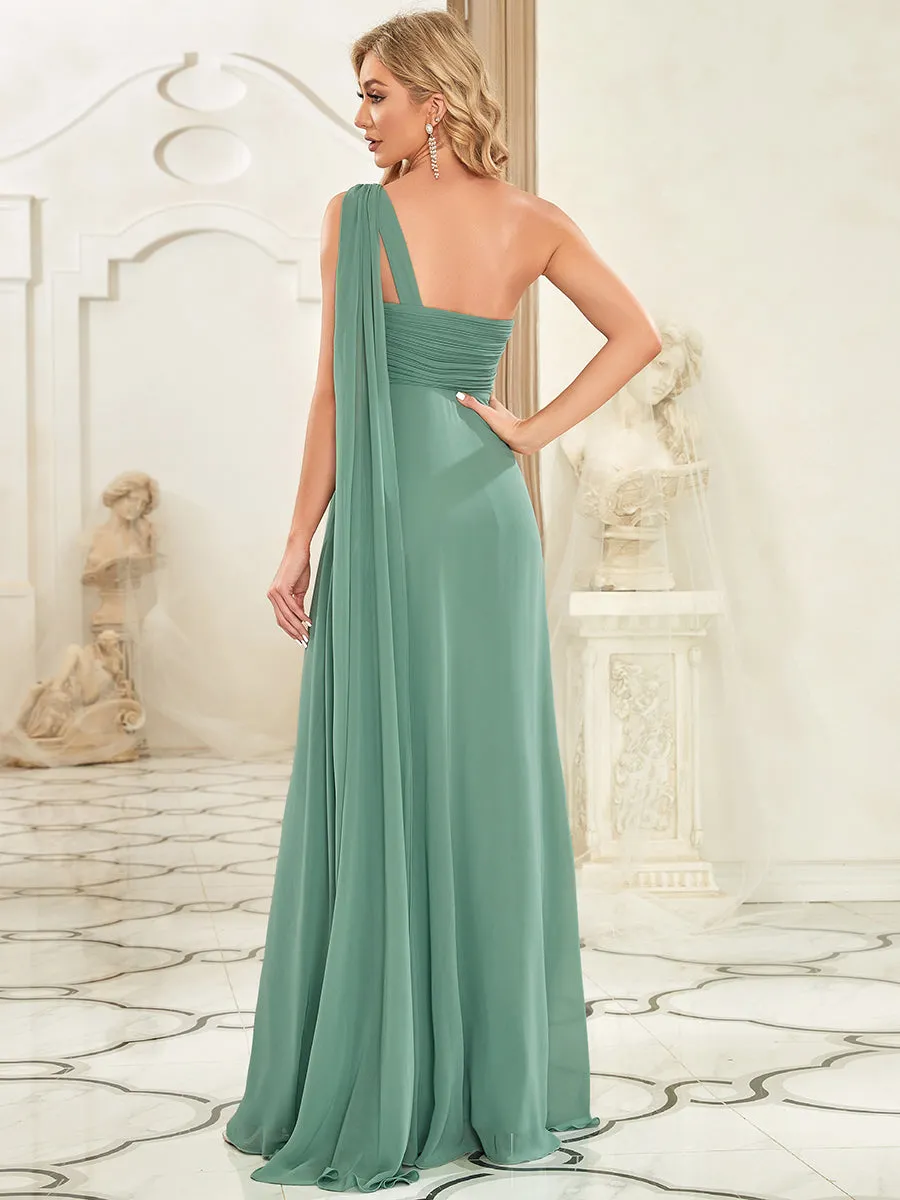 Elegant Pleated A-Line Floor Length One Shoulder Sleeveless Bridesmaids Dress