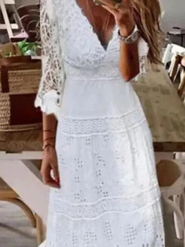 Elegant White Lace Maxi Dress with V-Neck and 3/4 Sleeves - Sizes S-XXL