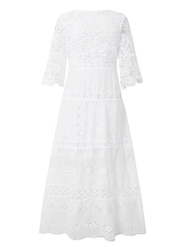 Elegant White Lace Maxi Dress with V-Neck and 3/4 Sleeves - Sizes S-XXL