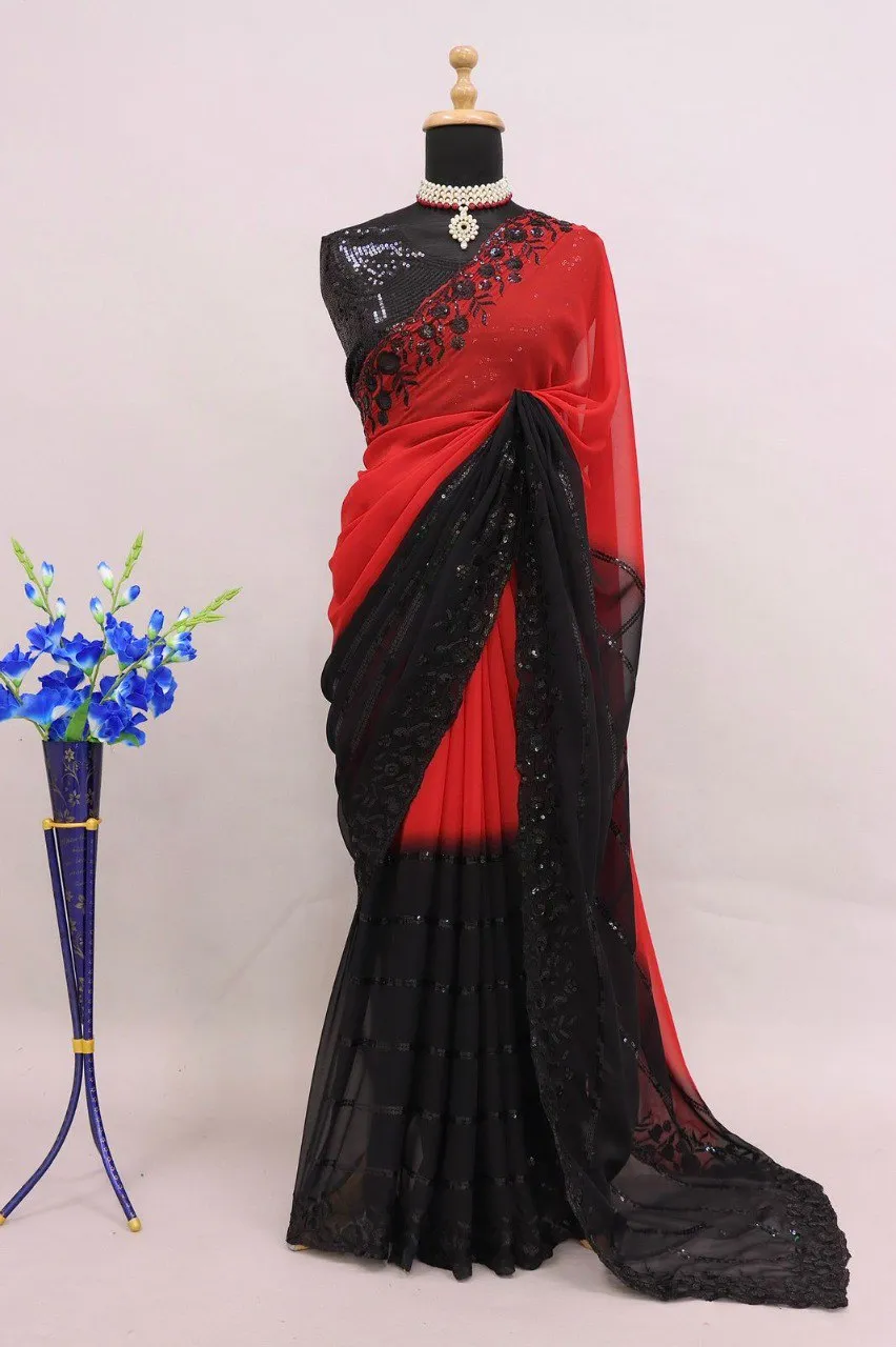 Embroidery Party wear Sequins Black Women Saree