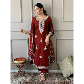 Embroidery Rayon 3 piece Women's Suit Maroon