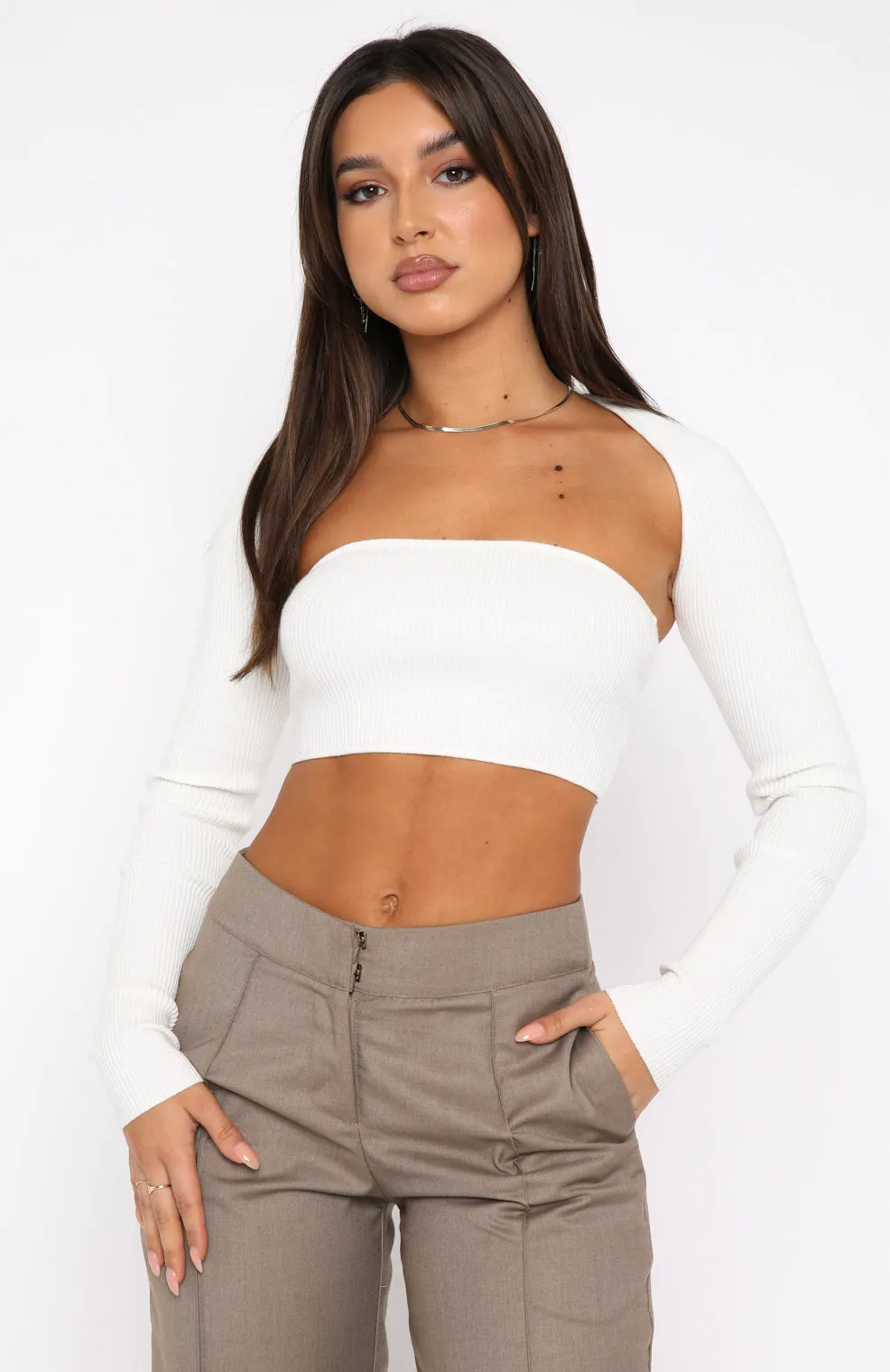 Forgetting You Ribbed Knit Long Sleeve Crop White