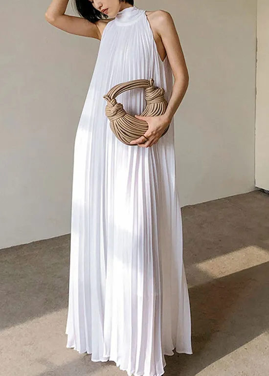 French White Pleated Hanging Neck Off Shoulder Long Dress Summer EE1030