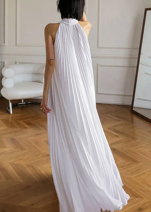 French White Pleated Hanging Neck Off Shoulder Long Dress Summer EE1030