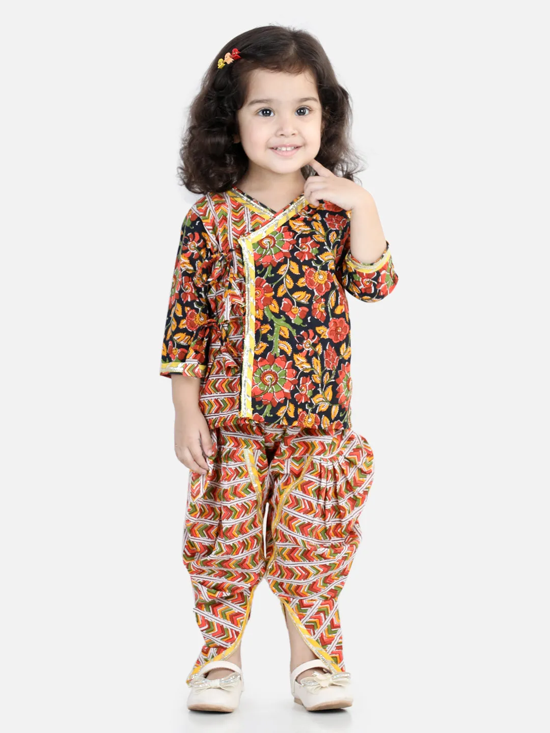 Front Open Pure Cotton Angrakha Top With Harem Pant Co Ords Indo Western Clothing Sets- Black