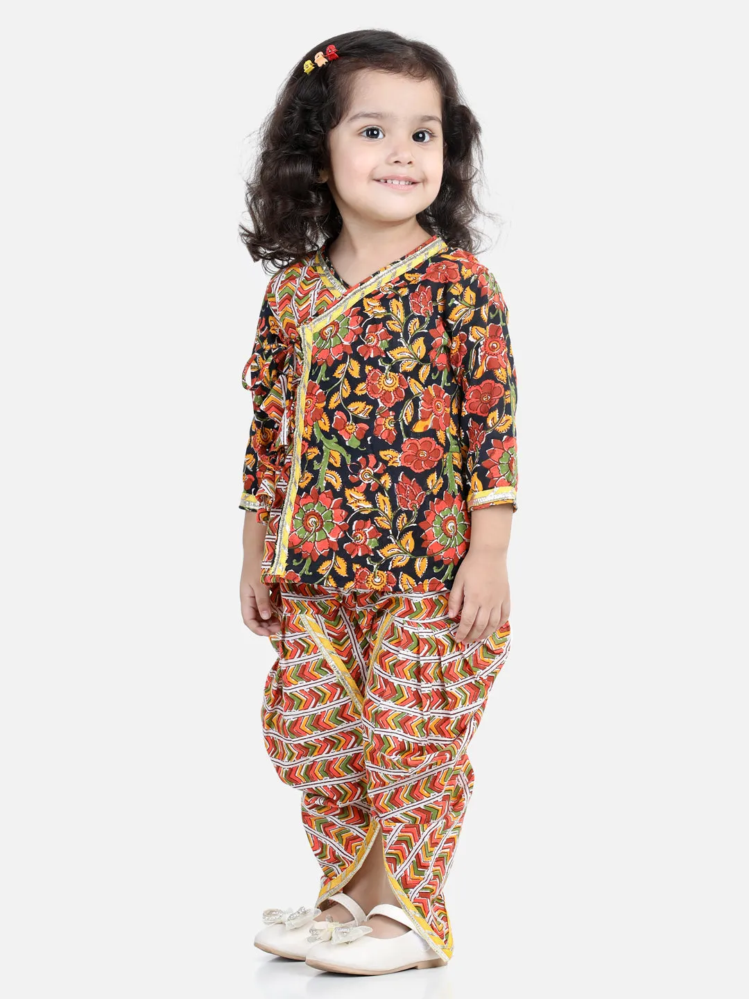 Front Open Pure Cotton Angrakha Top With Harem Pant Co Ords Indo Western Clothing Sets- Black