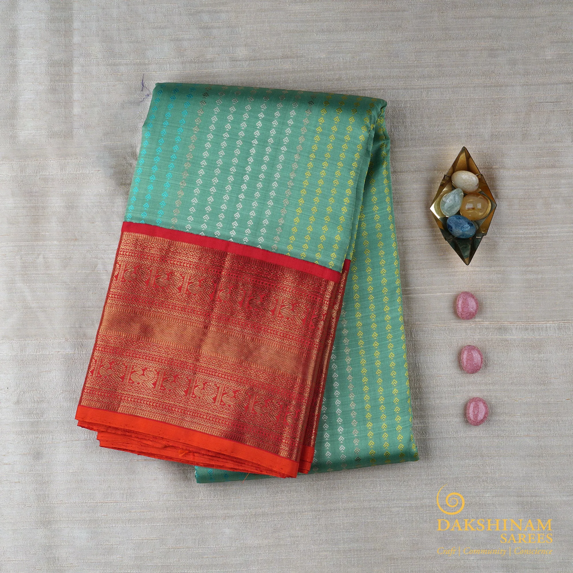 Handwoven Green with Red Kanjivaram Silk Saree -  1605T006161DSC