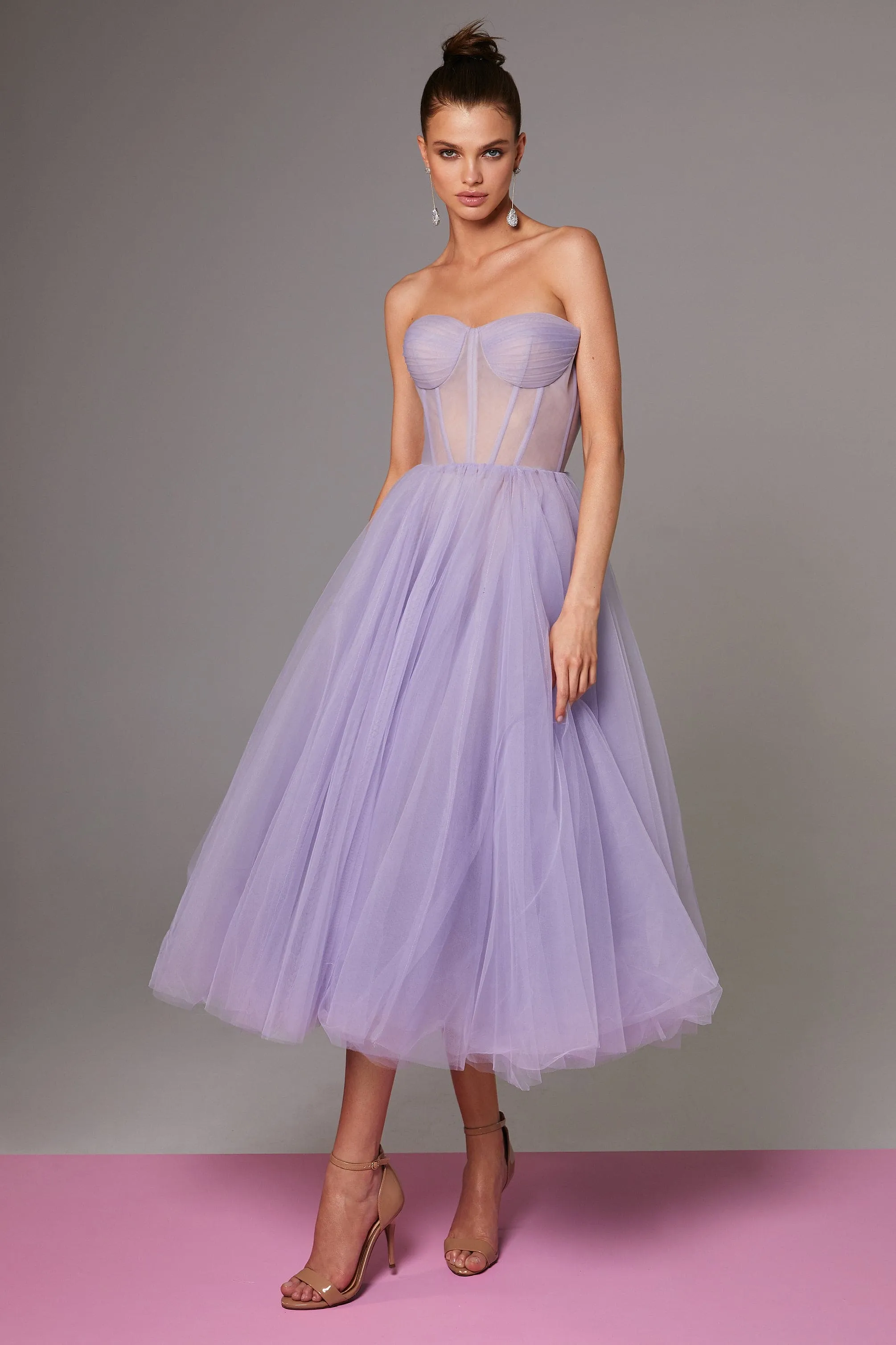 Lavender Strapless Puffy Midi Tulle Dress