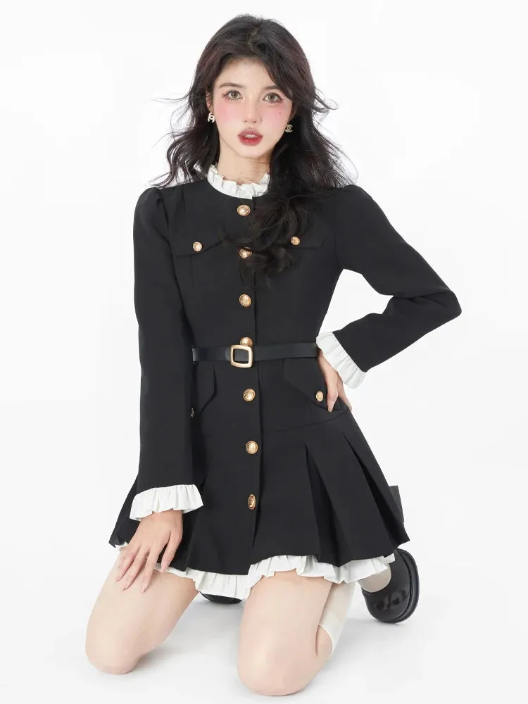 Long Sleeved Elegant Jacket With Ruffle   Gold Button Applications