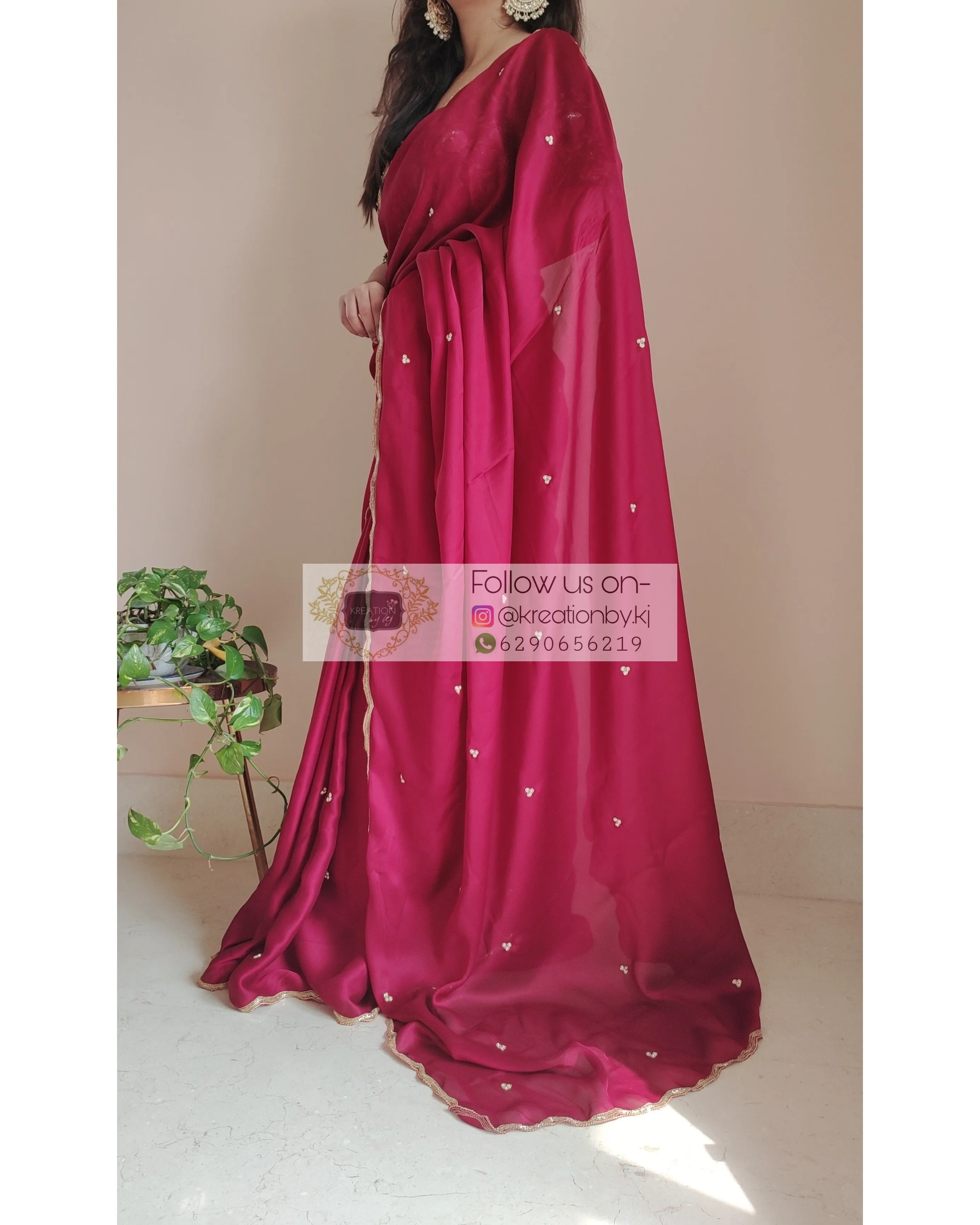 Maroon Crepe Silk Saree With Handembroidered Scalloping