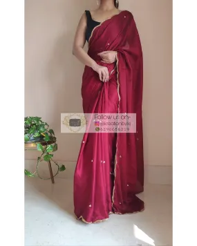 Maroon Crepe Silk Saree With Handembroidered Scalloping