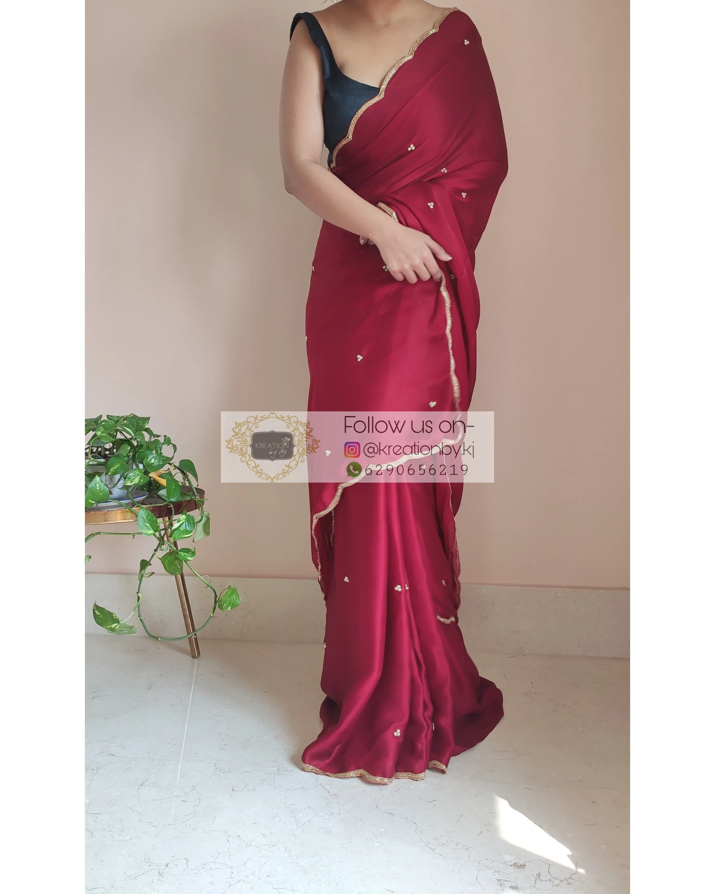 Maroon Crepe Silk Saree With Handembroidered Scalloping