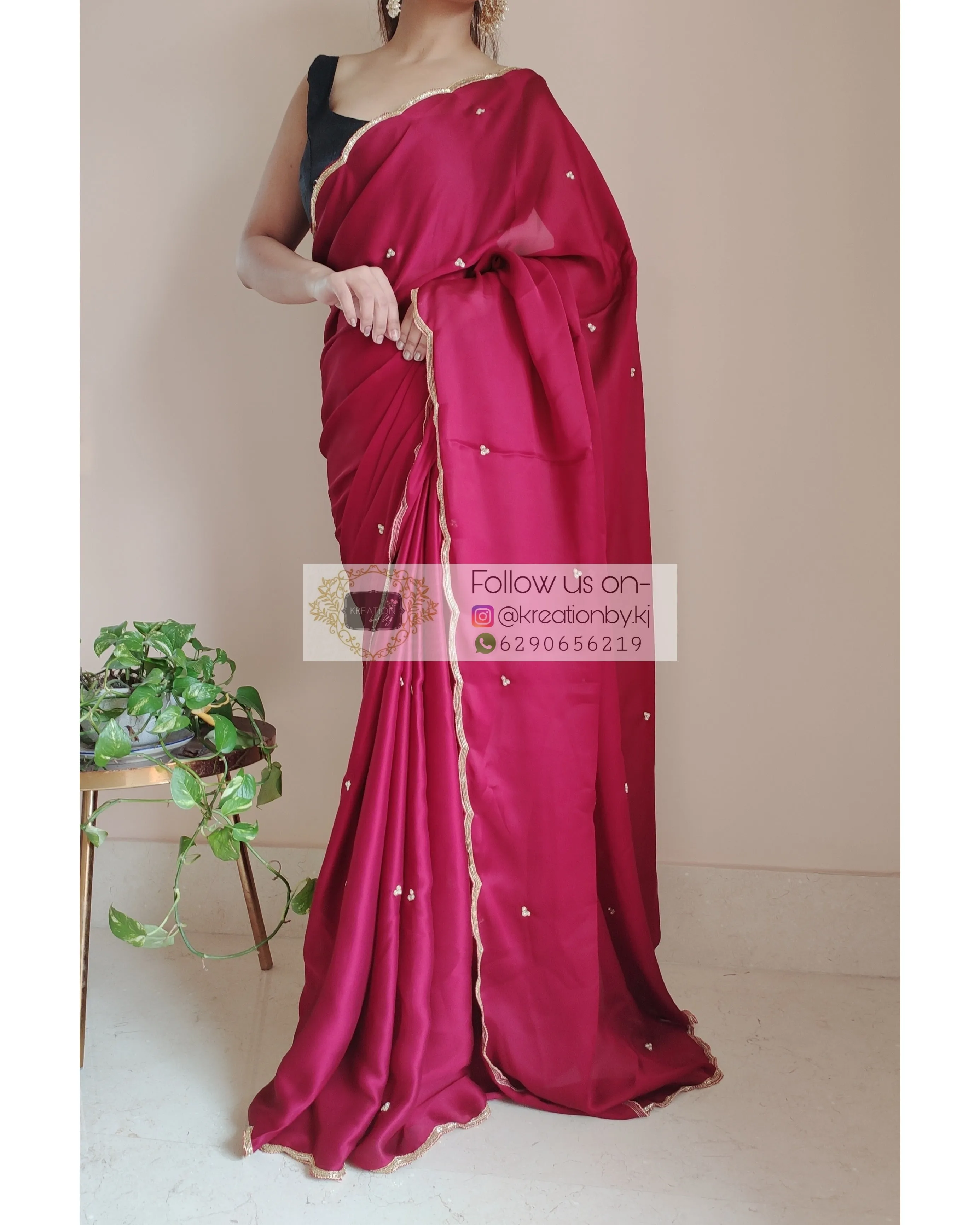 Maroon Crepe Silk Saree With Handembroidered Scalloping