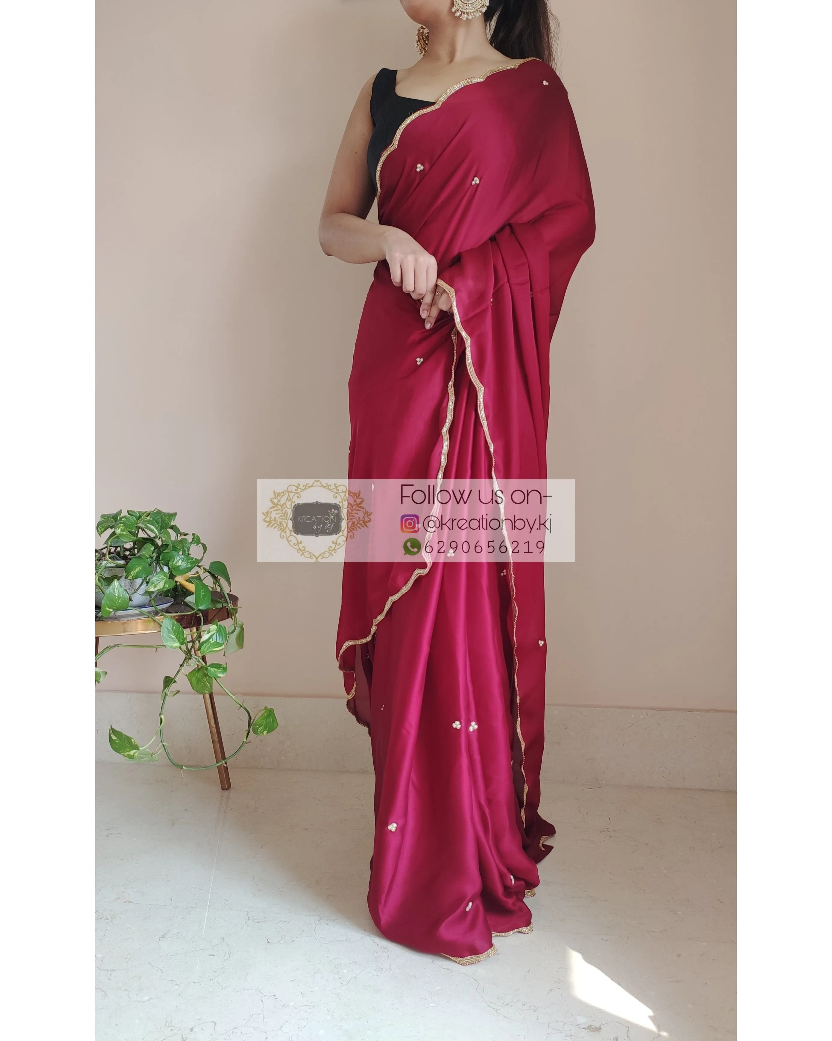 Maroon Crepe Silk Saree With Handembroidered Scalloping