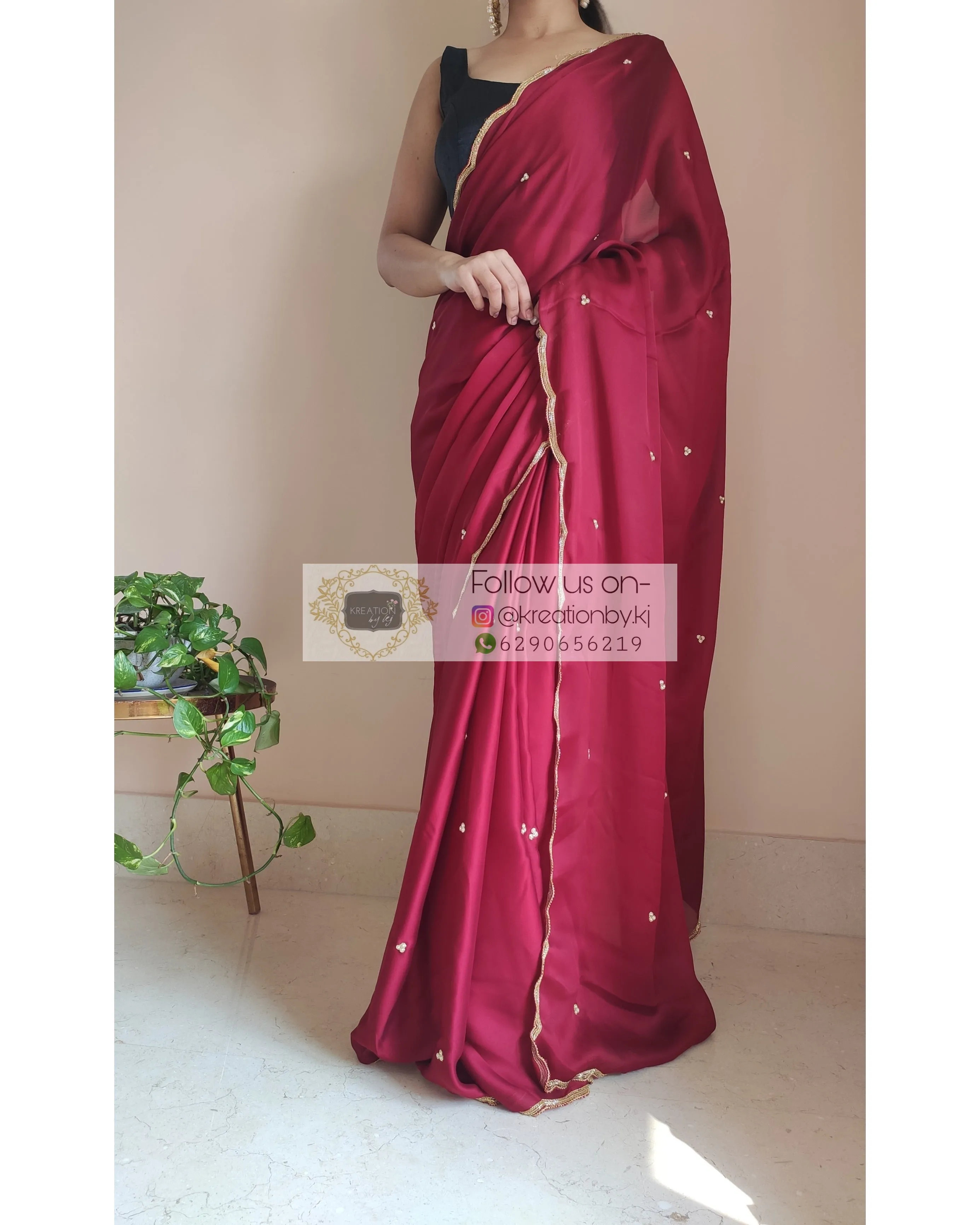 Maroon Crepe Silk Saree With Handembroidered Scalloping