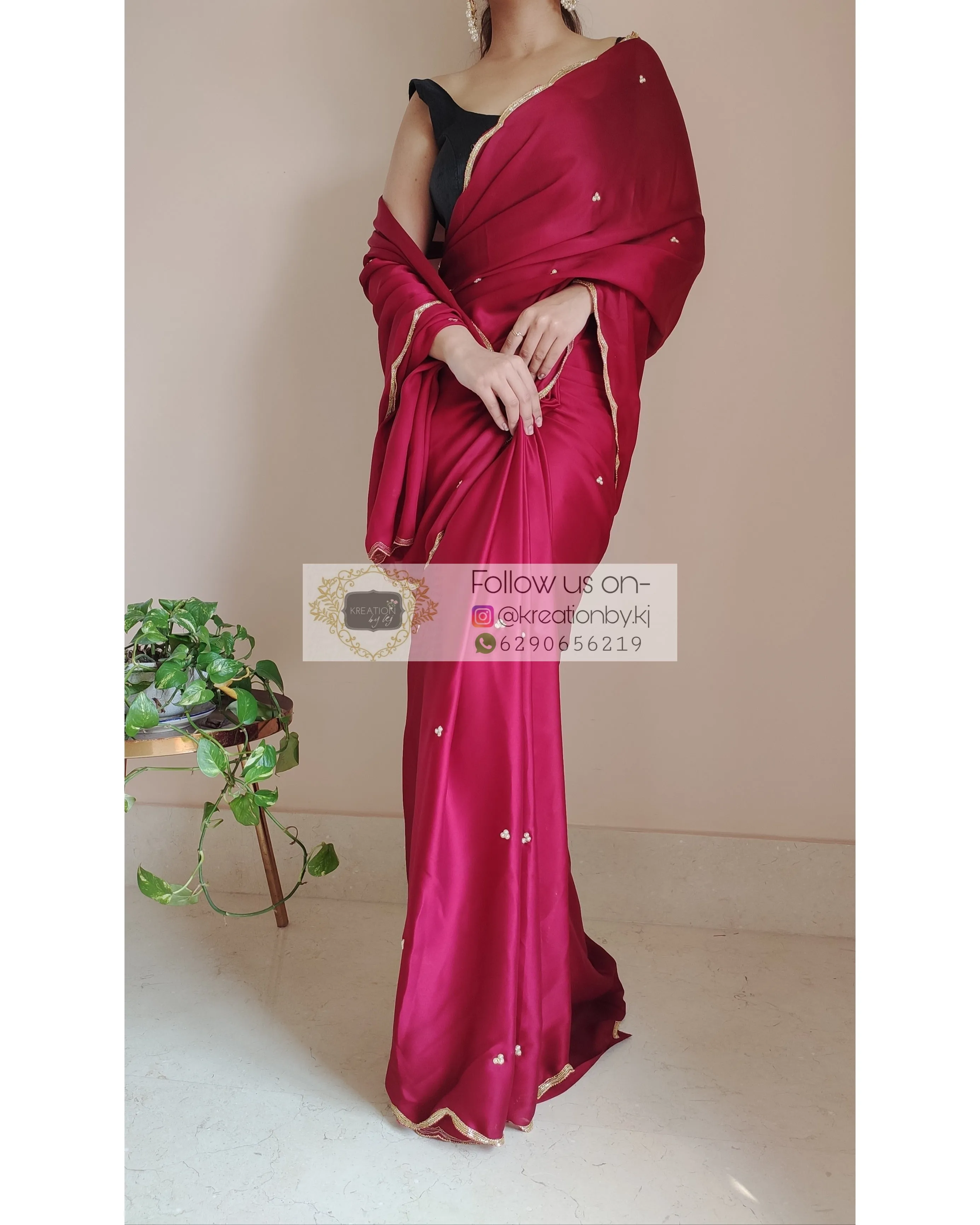 Maroon Crepe Silk Saree With Handembroidered Scalloping