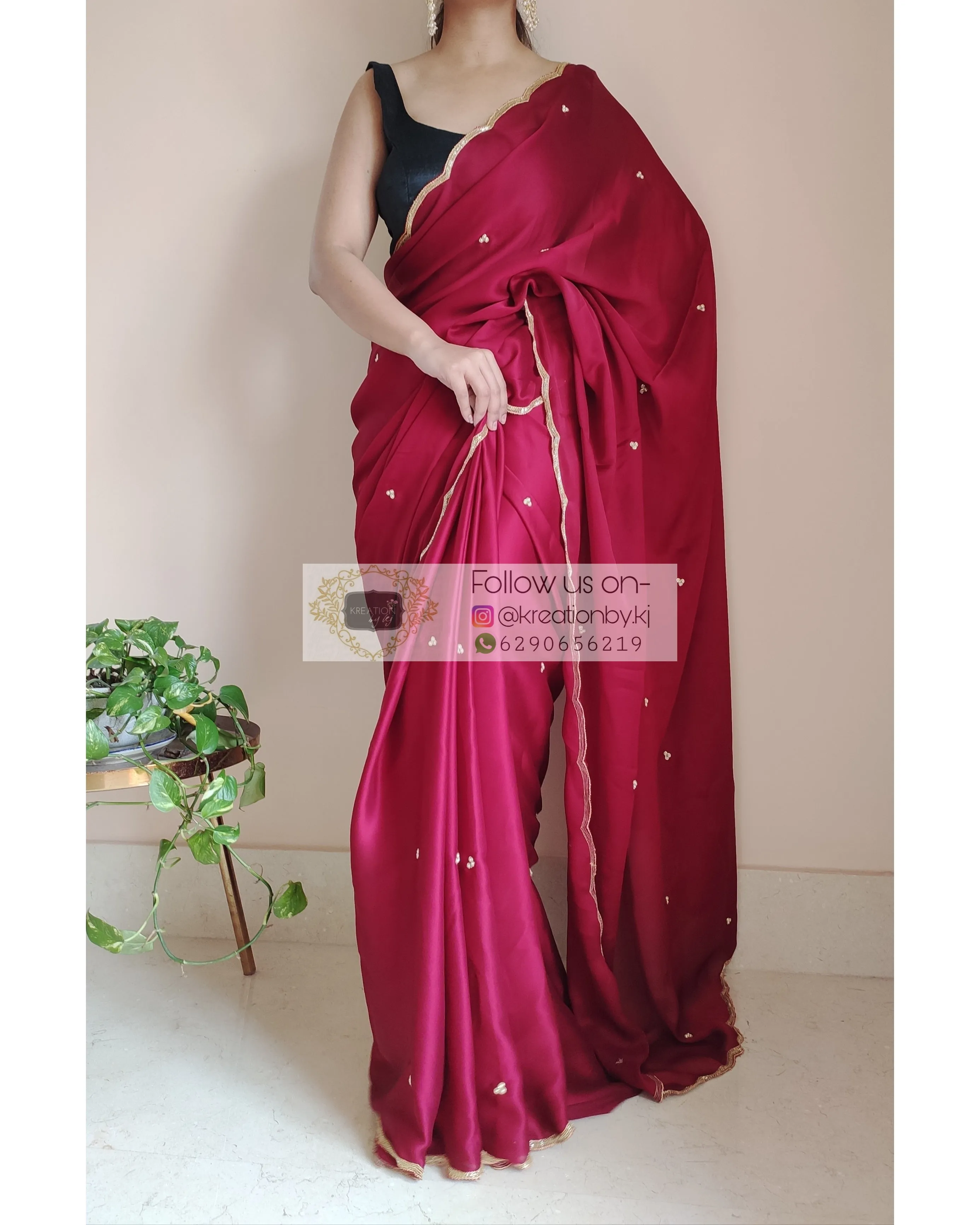 Maroon Crepe Silk Saree With Handembroidered Scalloping