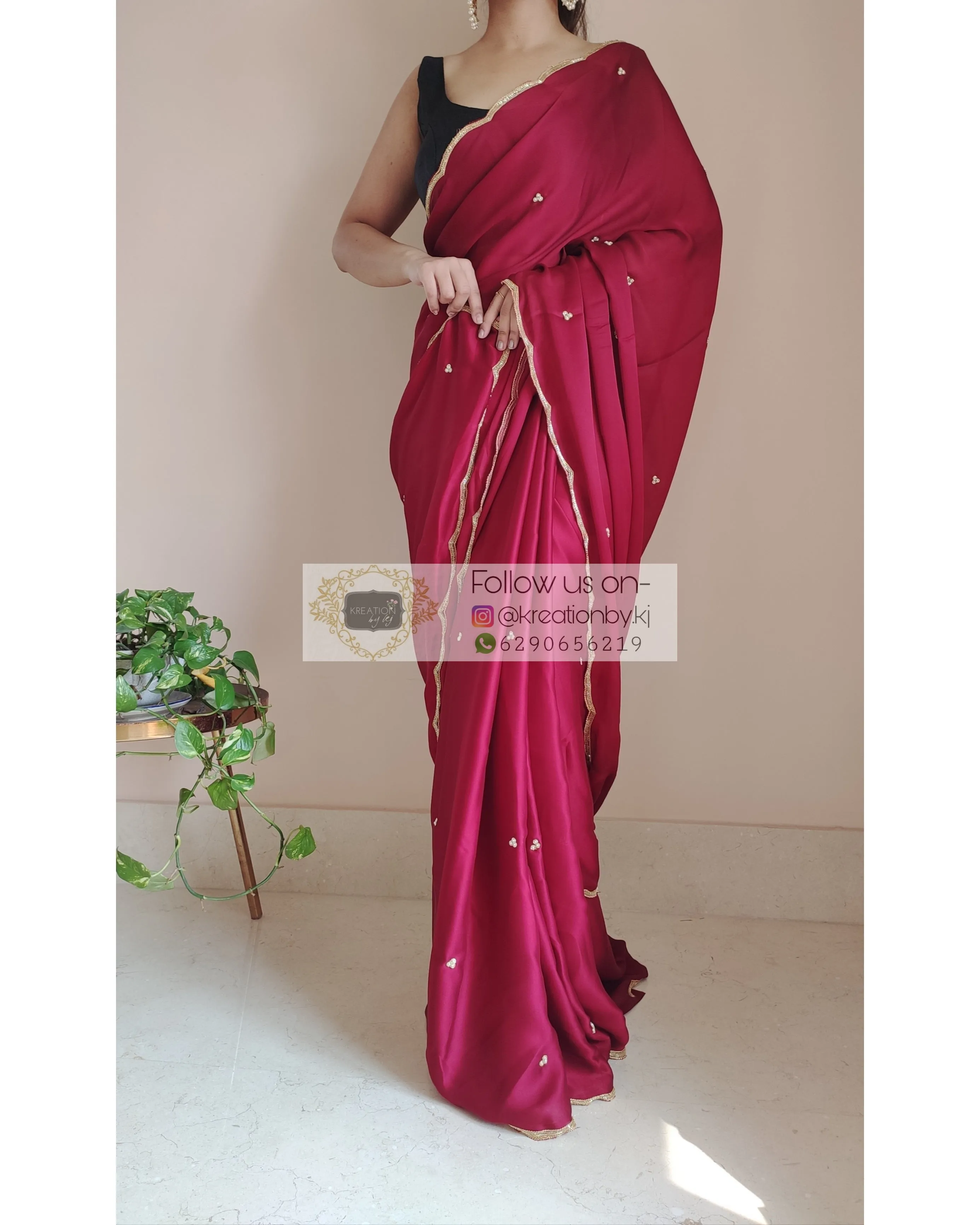 Maroon Crepe Silk Saree With Handembroidered Scalloping