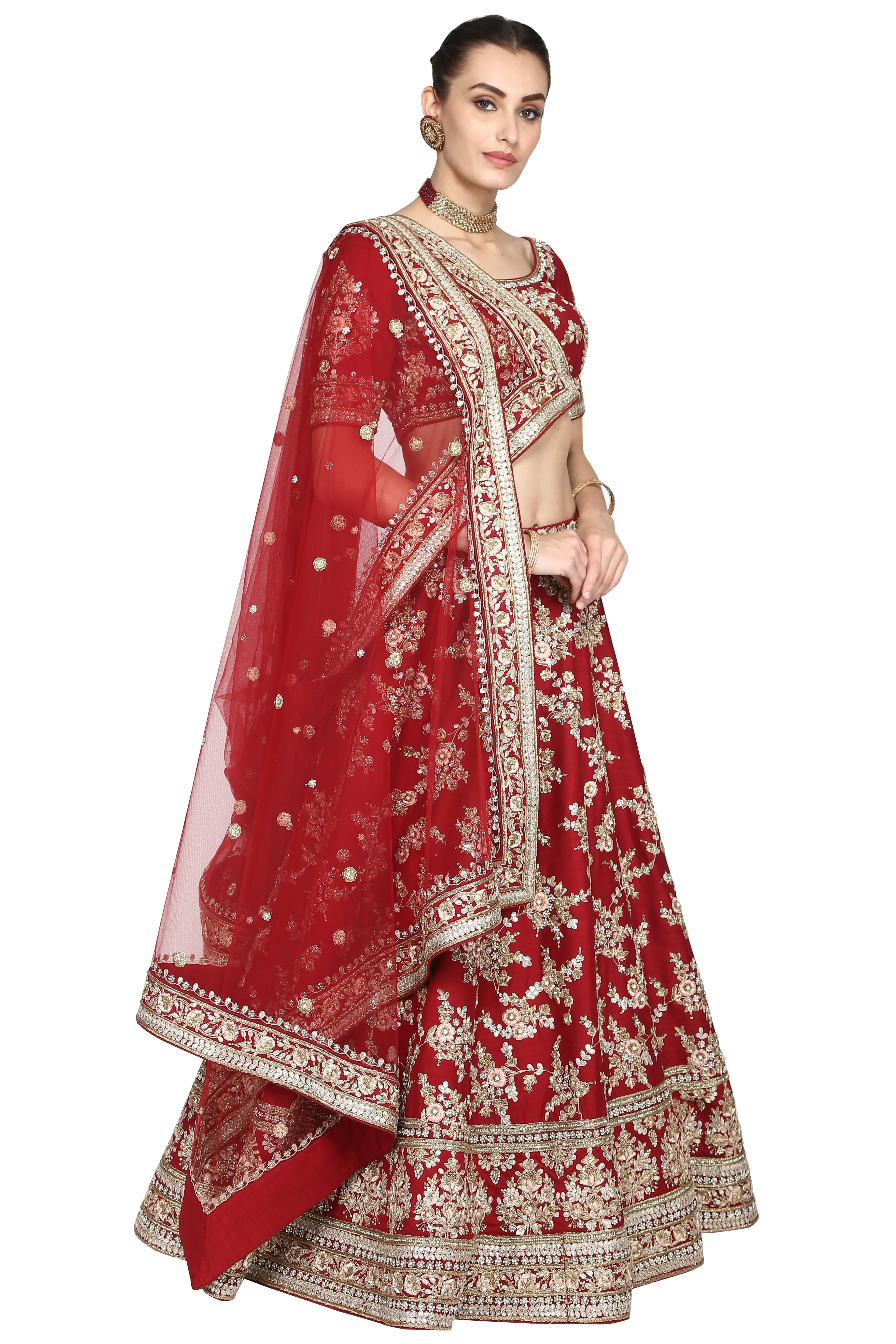 Maroon lehenga set.