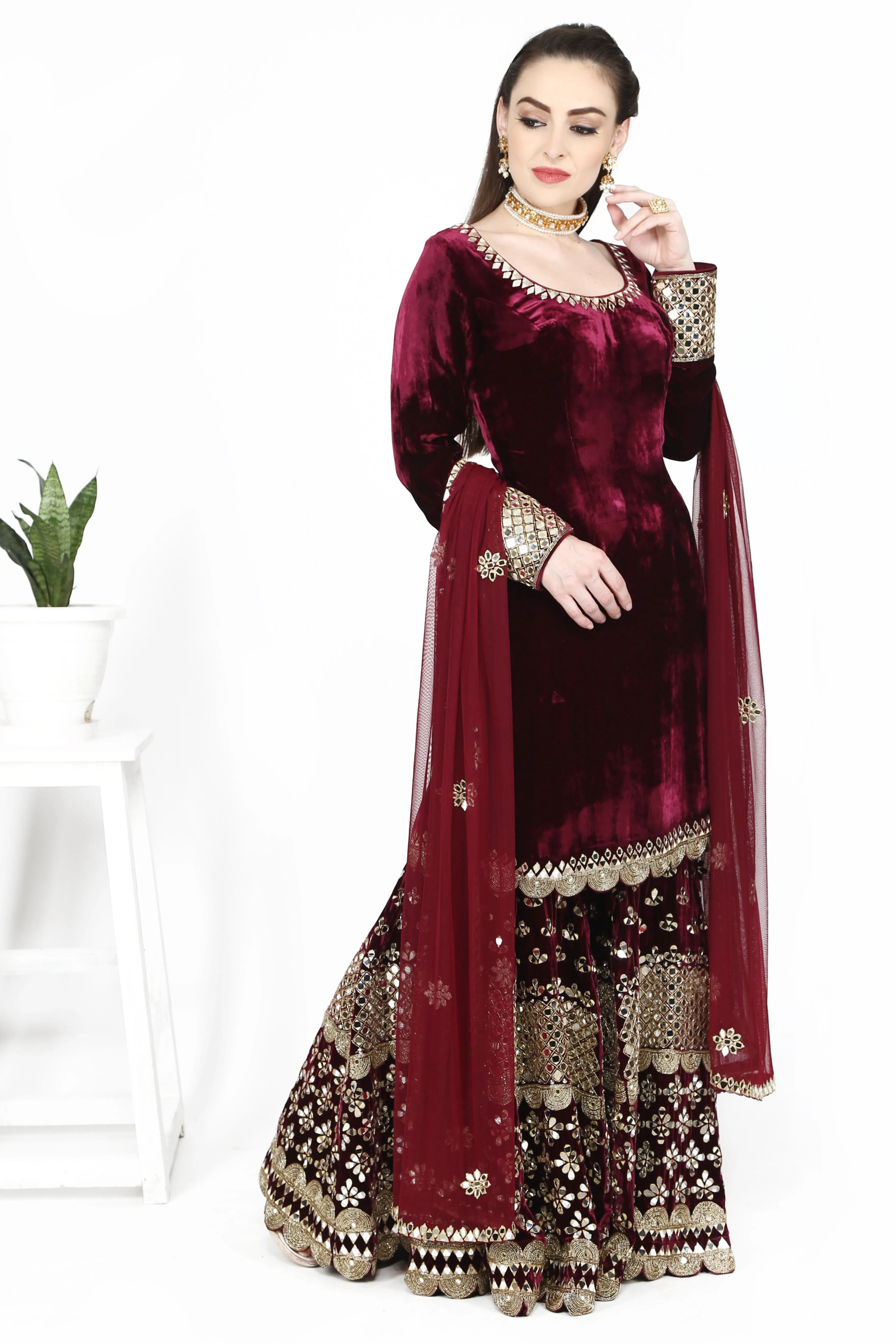 Maroon Velvet Sharara Set.