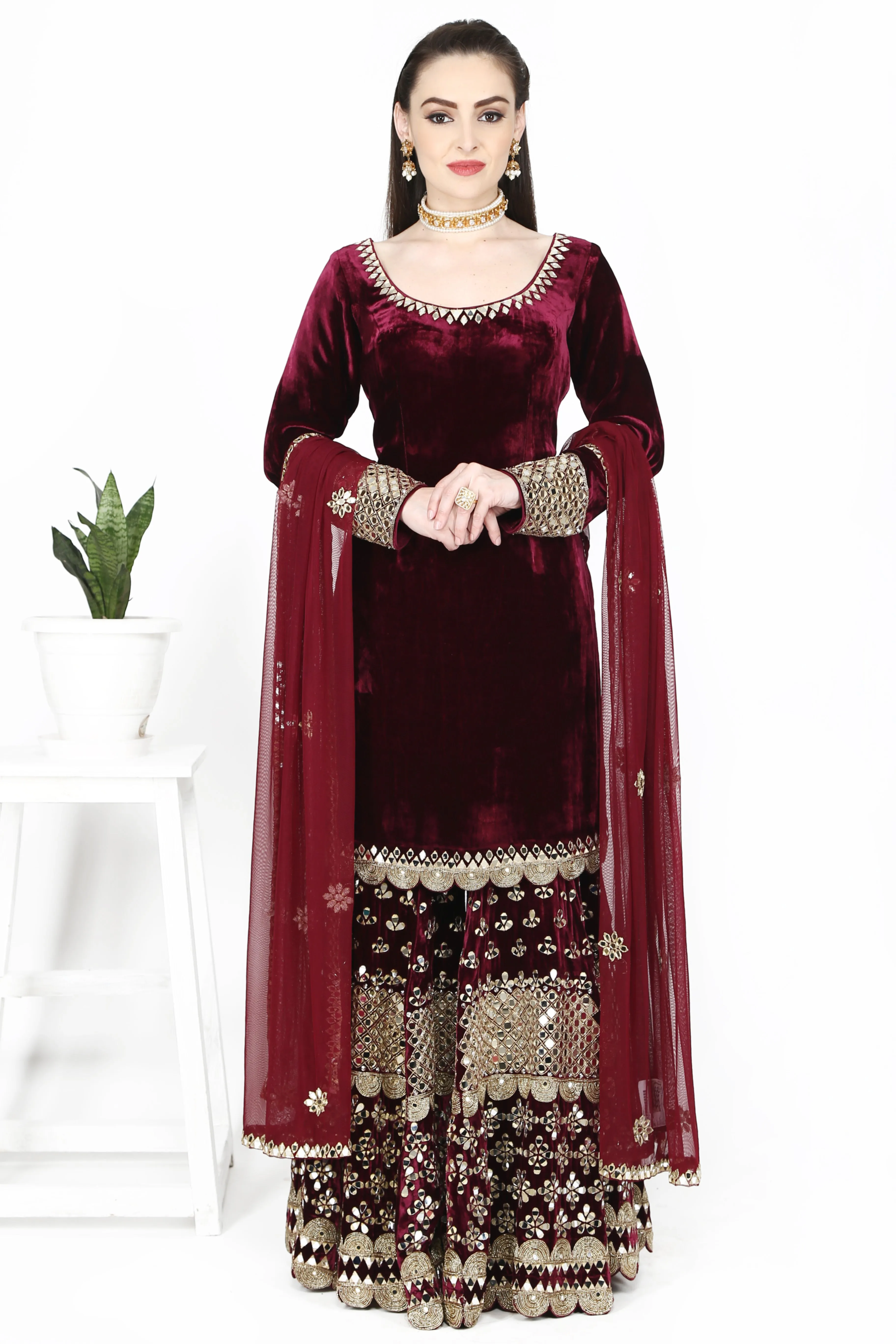 Maroon Velvet Sharara Set.