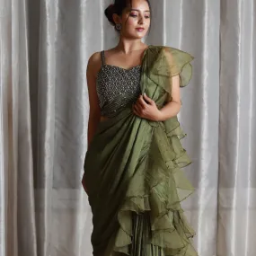 Mehndi Green Chinnon Drape Saree with Organza Ruffles and Intricate Hand Embroidered Blouse