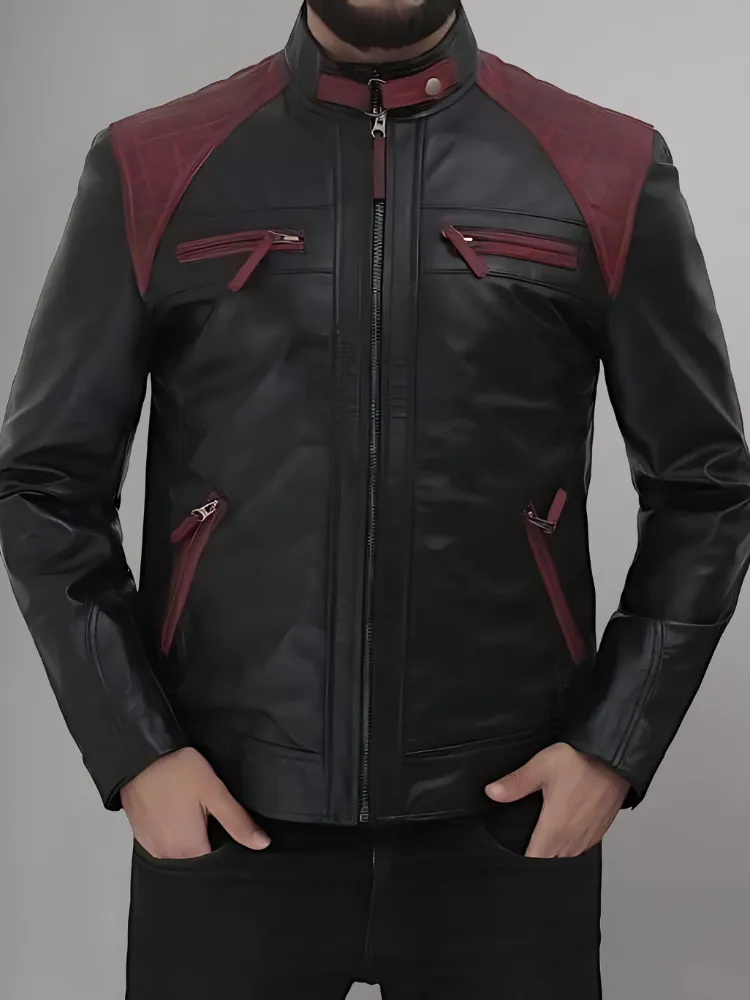 Mens Black and Maroon Quilted Cafe Racer Leather Jacket