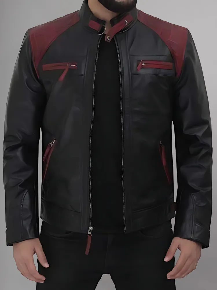 Mens Black and Maroon Quilted Cafe Racer Leather Jacket