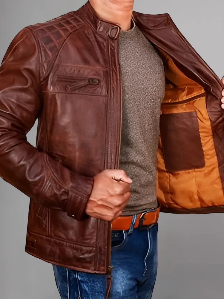 Mens Black and Maroon Quilted Cafe Racer Leather Jacket