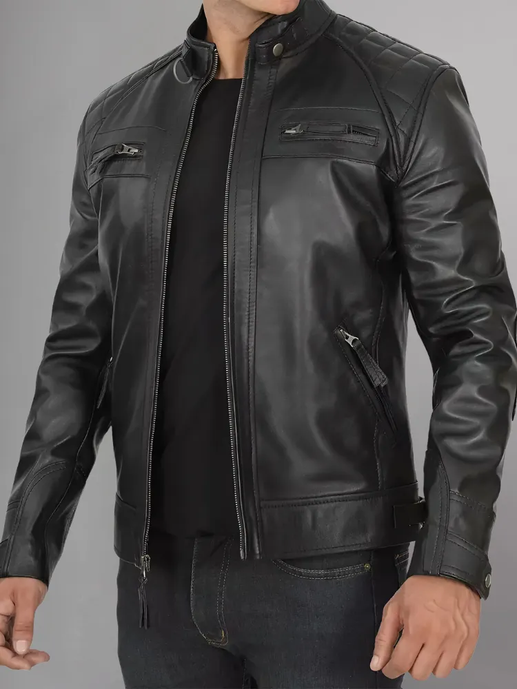 Mens Black and Maroon Quilted Cafe Racer Leather Jacket