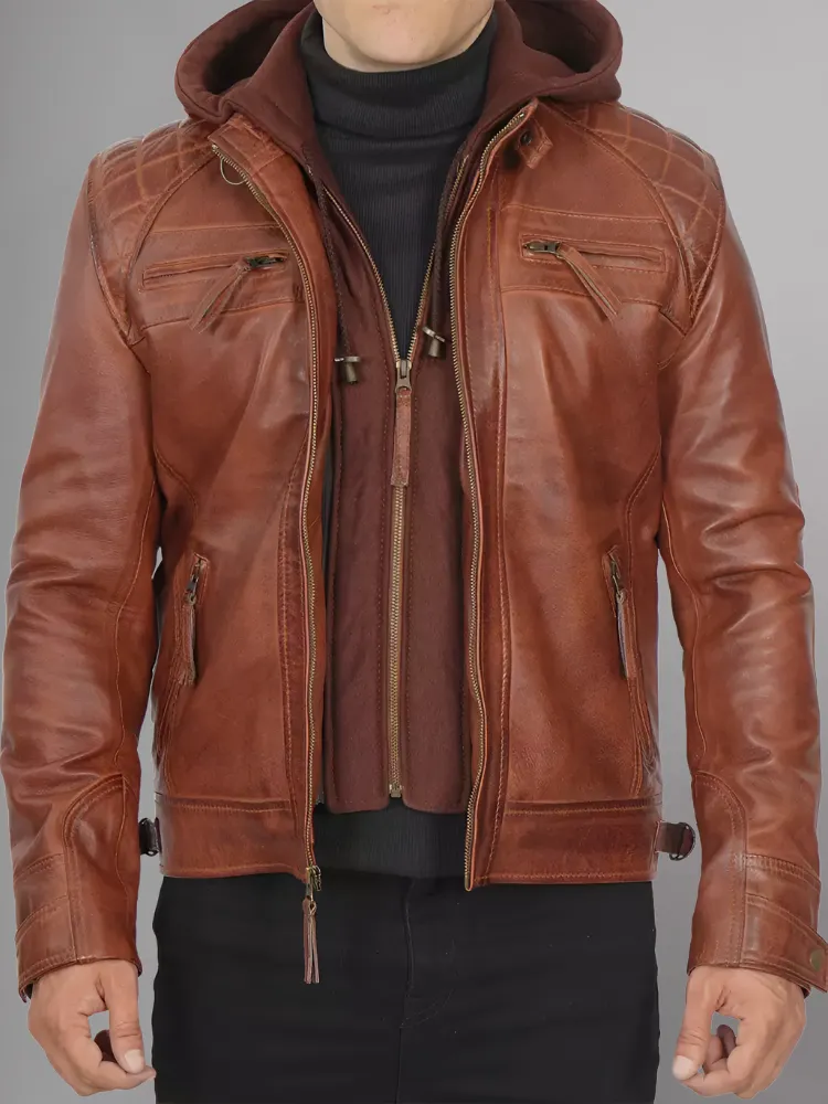 Mens Black and Maroon Quilted Cafe Racer Leather Jacket