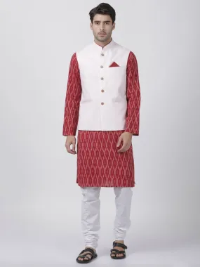 Men's Maroon Cotton Blend Ethnic Jacket, Kurta and Dhoti Pant Set