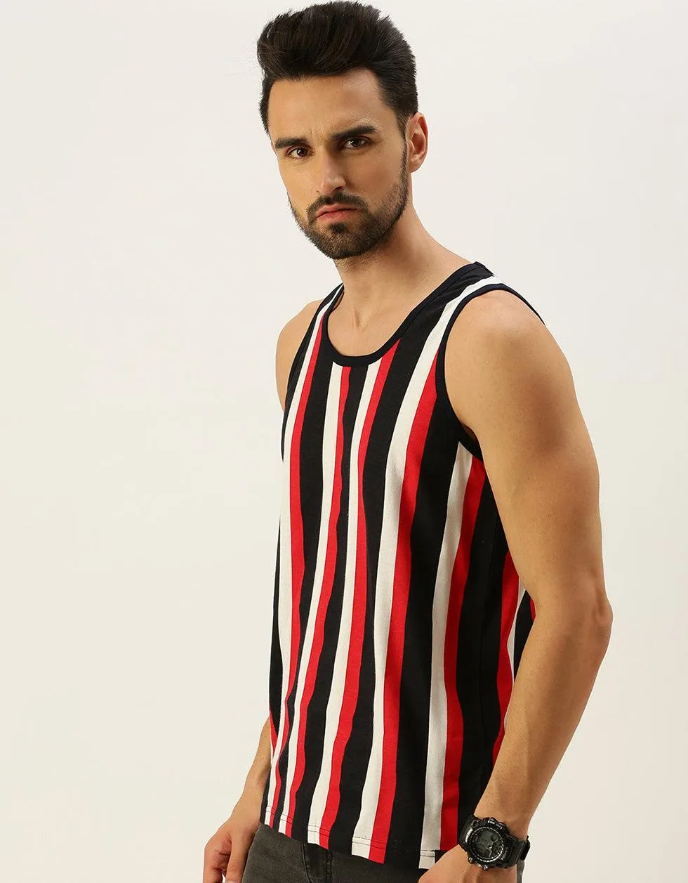 Nautical Stripes Round Neck Printed Gym Men's Vest