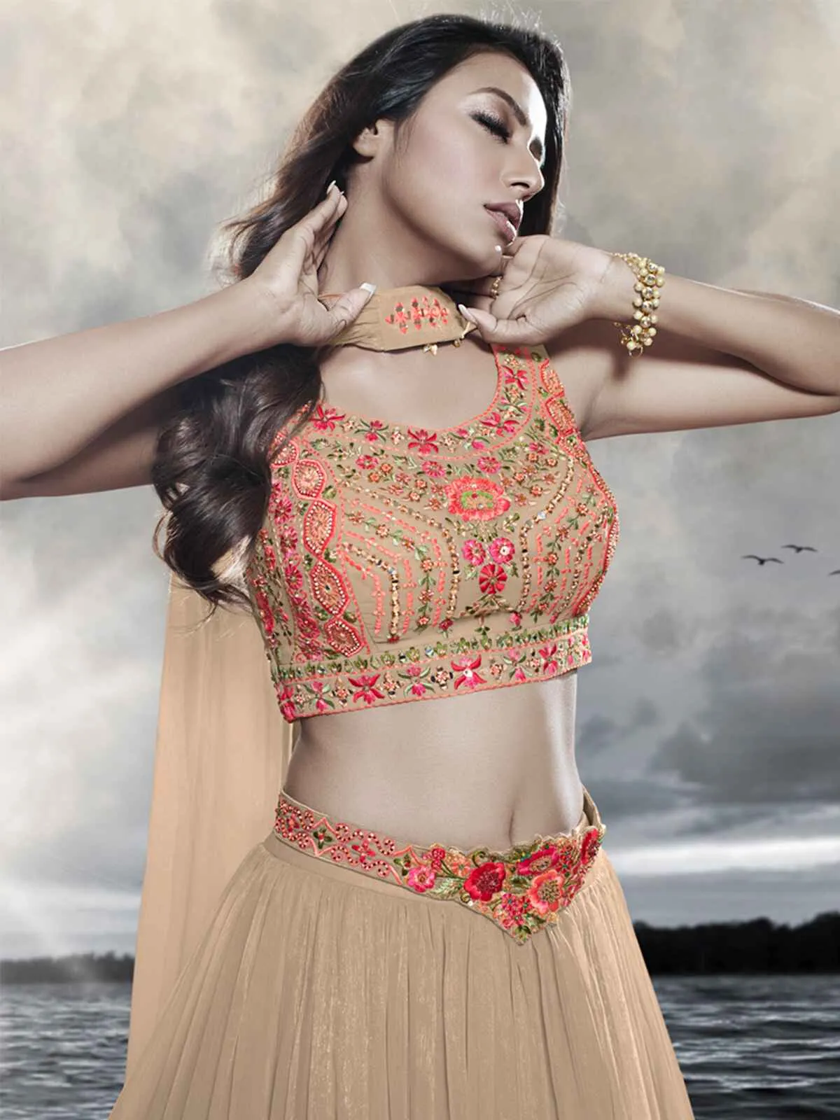 Odette Beige Chinon Art Silk Embellished Semi Stitched Lehenga With Unstitched Blouse For Women