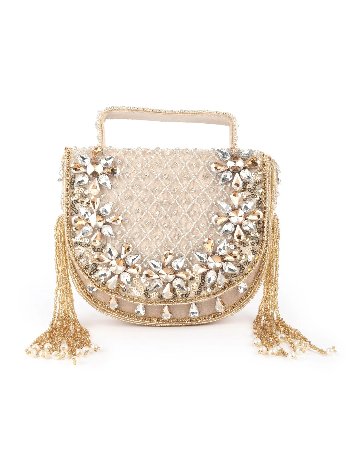 Odette Beige Embellished Structured Velvet Clutch For Women