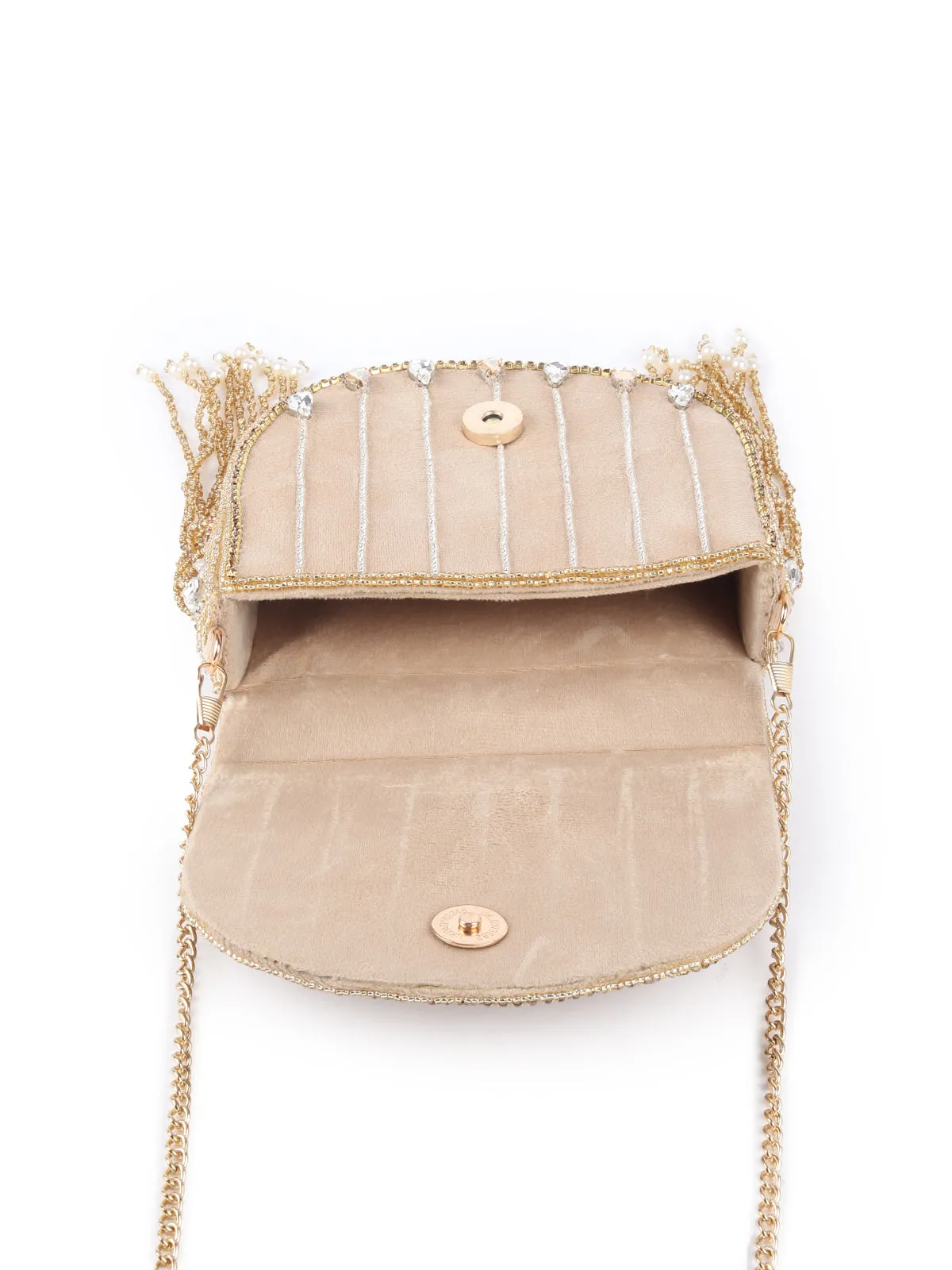 Odette Beige Embellished Structured Velvet Clutch For Women