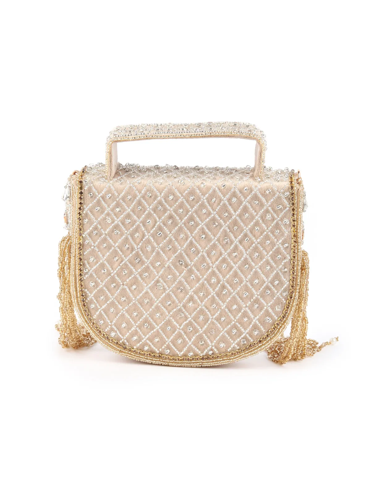 Odette Beige Embellished Structured Velvet Clutch For Women