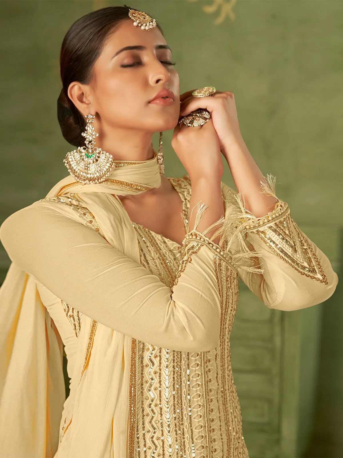 Odette Beige Georgette Embellished Semi Stitched Kurta Set For Women