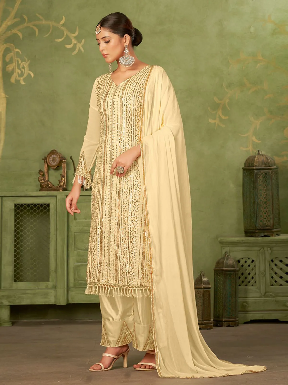 Odette Beige Georgette Embellished Semi Stitched Kurta Set For Women