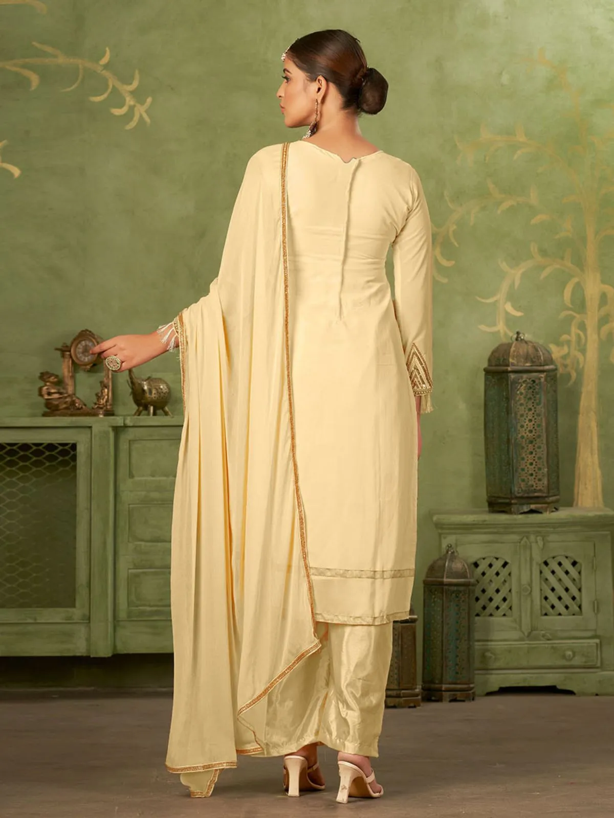 Odette Beige Georgette Embellished Semi Stitched Kurta Set For Women