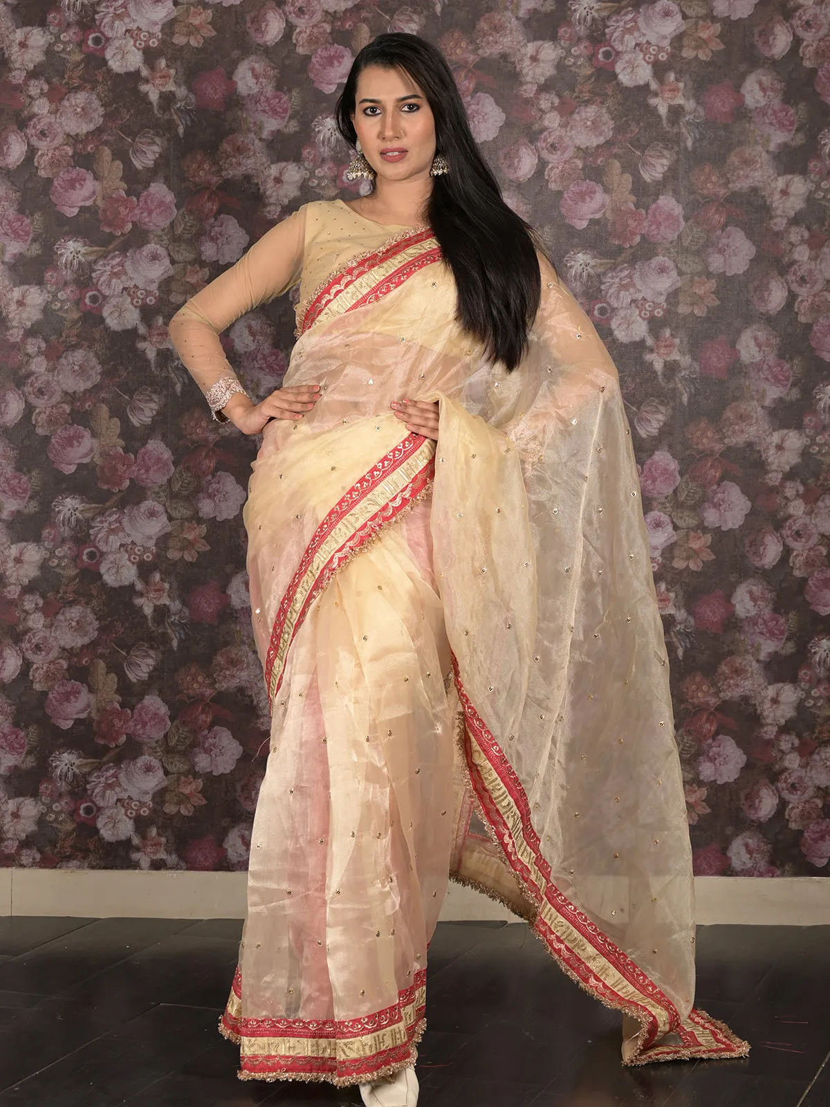 Odette Beige Gota and Sequins Embroidered Organza Saree with Unstitched Blouse for Women