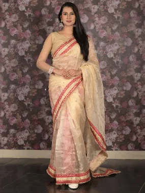 Odette Beige Gota and Sequins Embroidered Organza Saree with Unstitched Blouse for Women