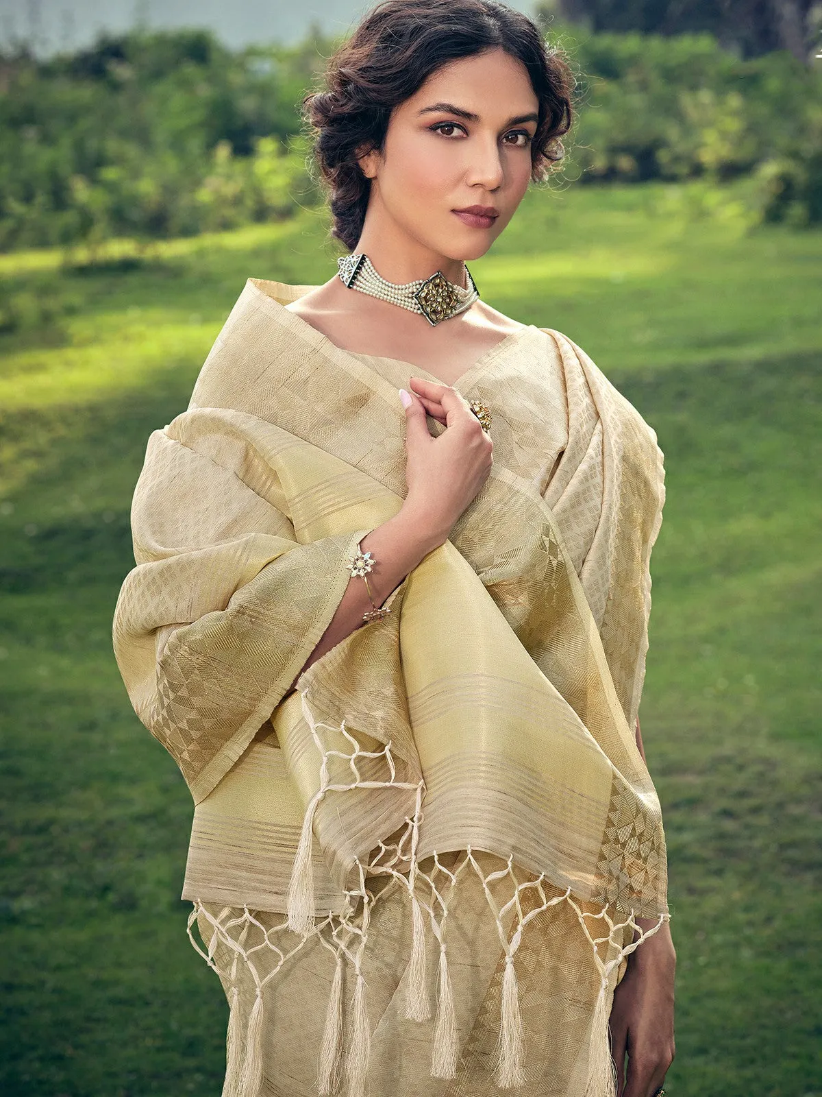 Odette Beige Linen Tissue Saree for Women With Unstitched Blouse