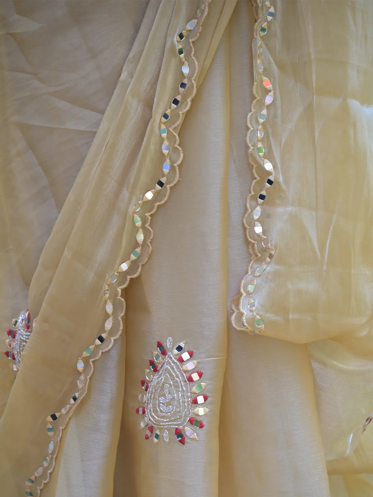 Odette Beige Mirror Work Embroidered Saree with Unstitched Blouse for Women