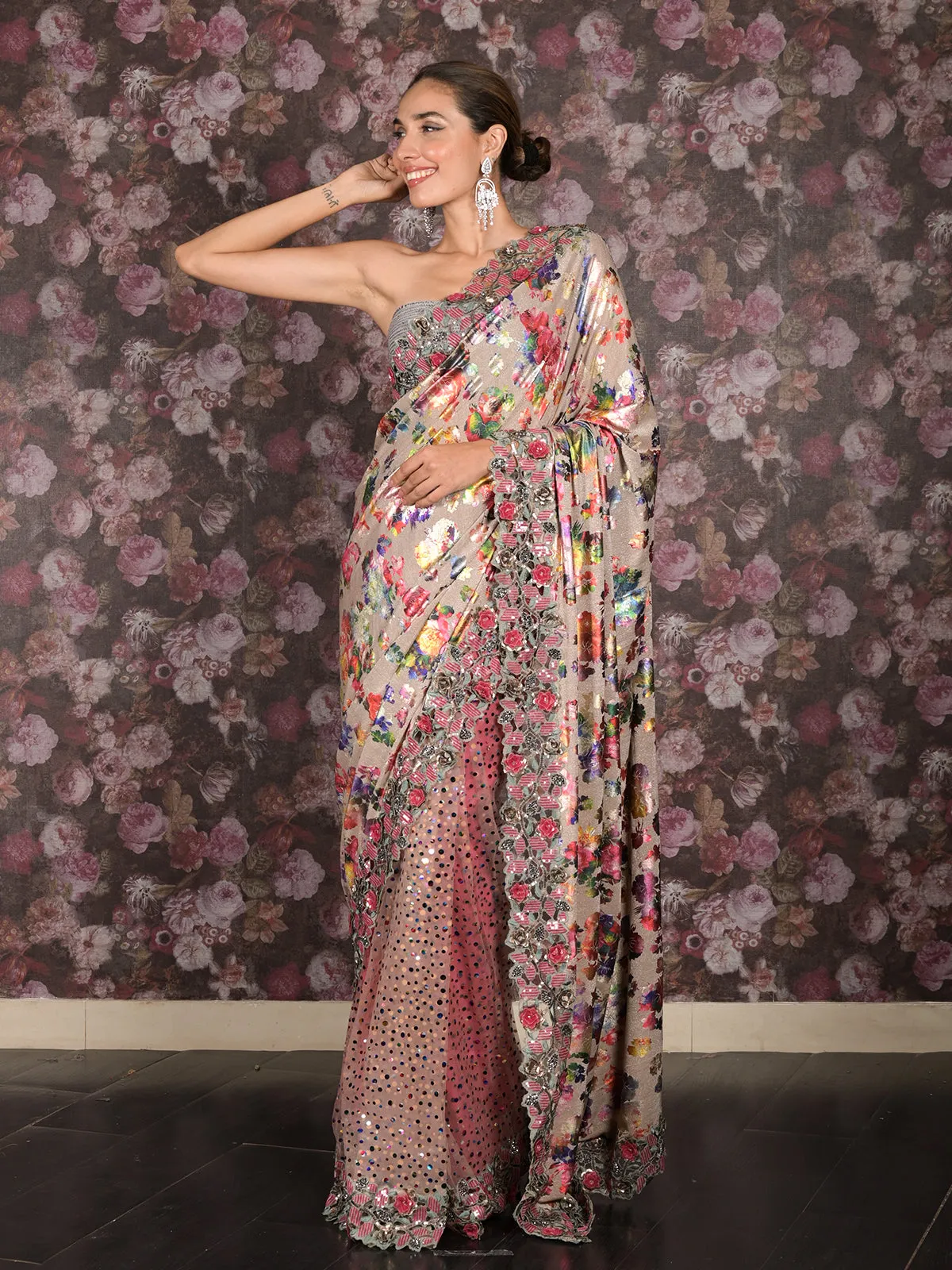 Odette Beige Net And Shimmer Half-Half Printed Saree With Unstitched Blouse For Women