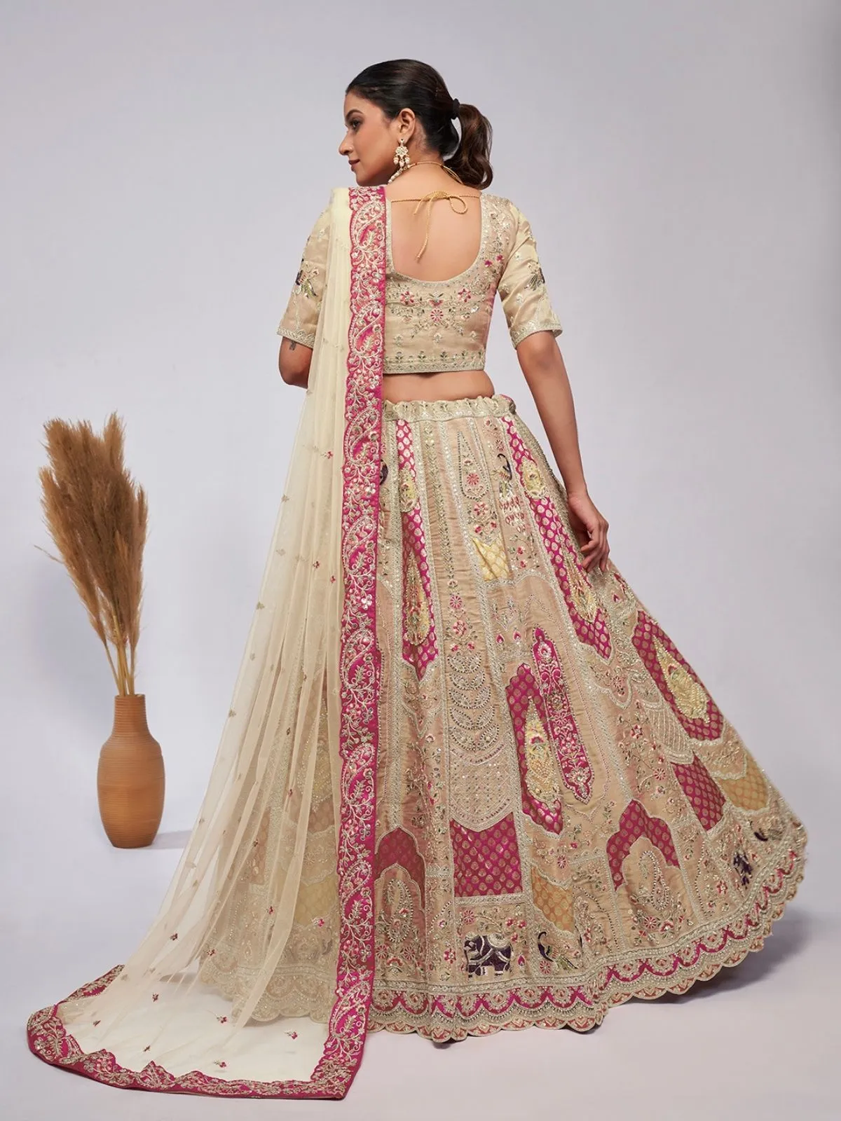 Odette Beige Silk Blend Embellished Semi Stitched Lehenga With Unstitched Blouse For Women