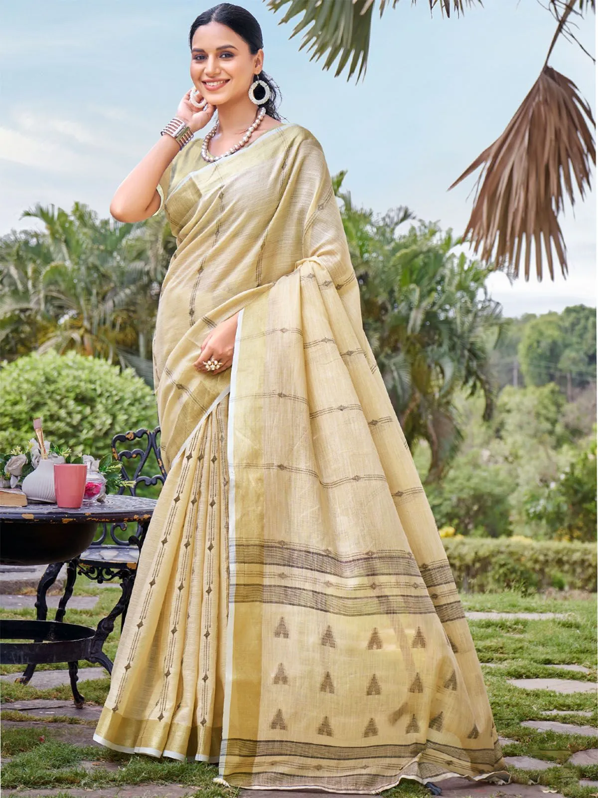 Odette Beige Woven Saree With Unstitched Blouse For Women